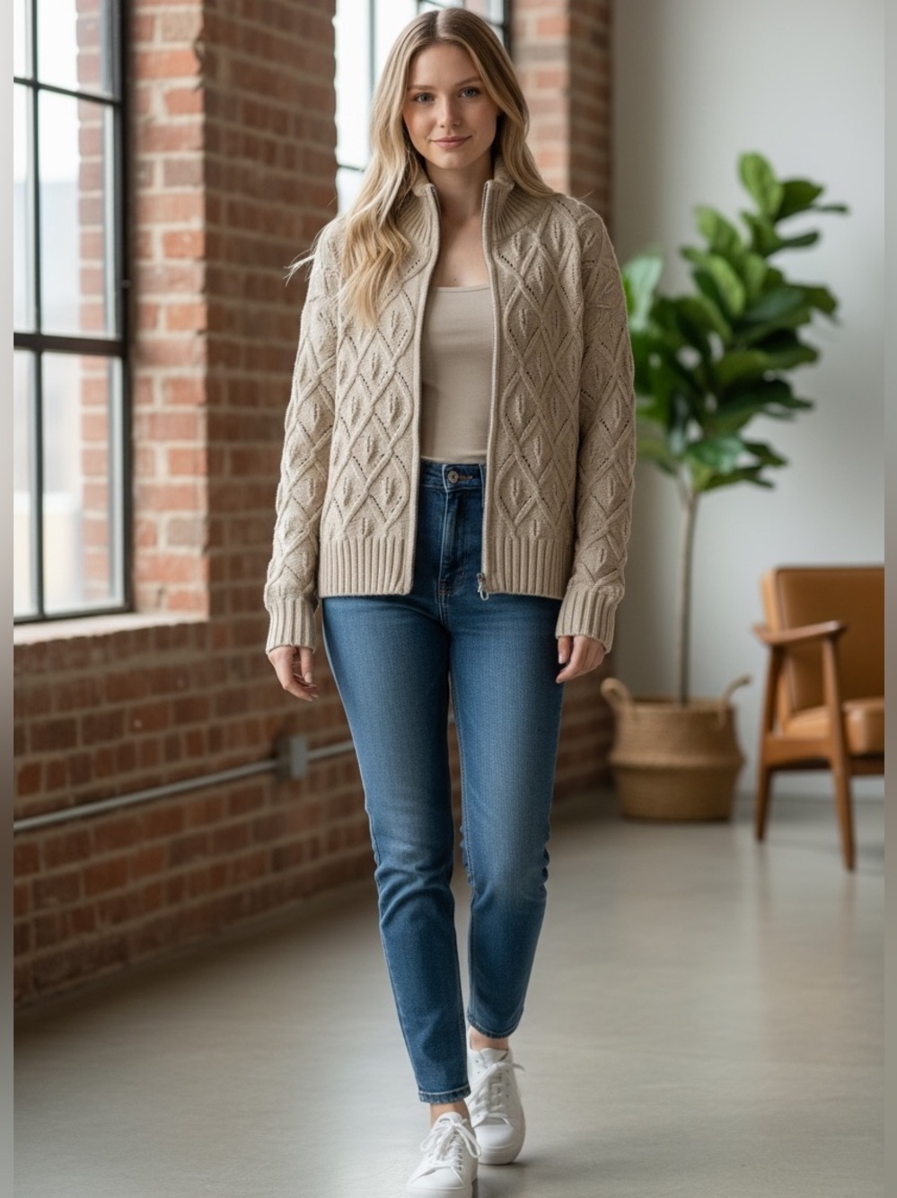 Chunky Tan Full Zip Cowl Neck Cable Knit Cropped Cardigan Sweater